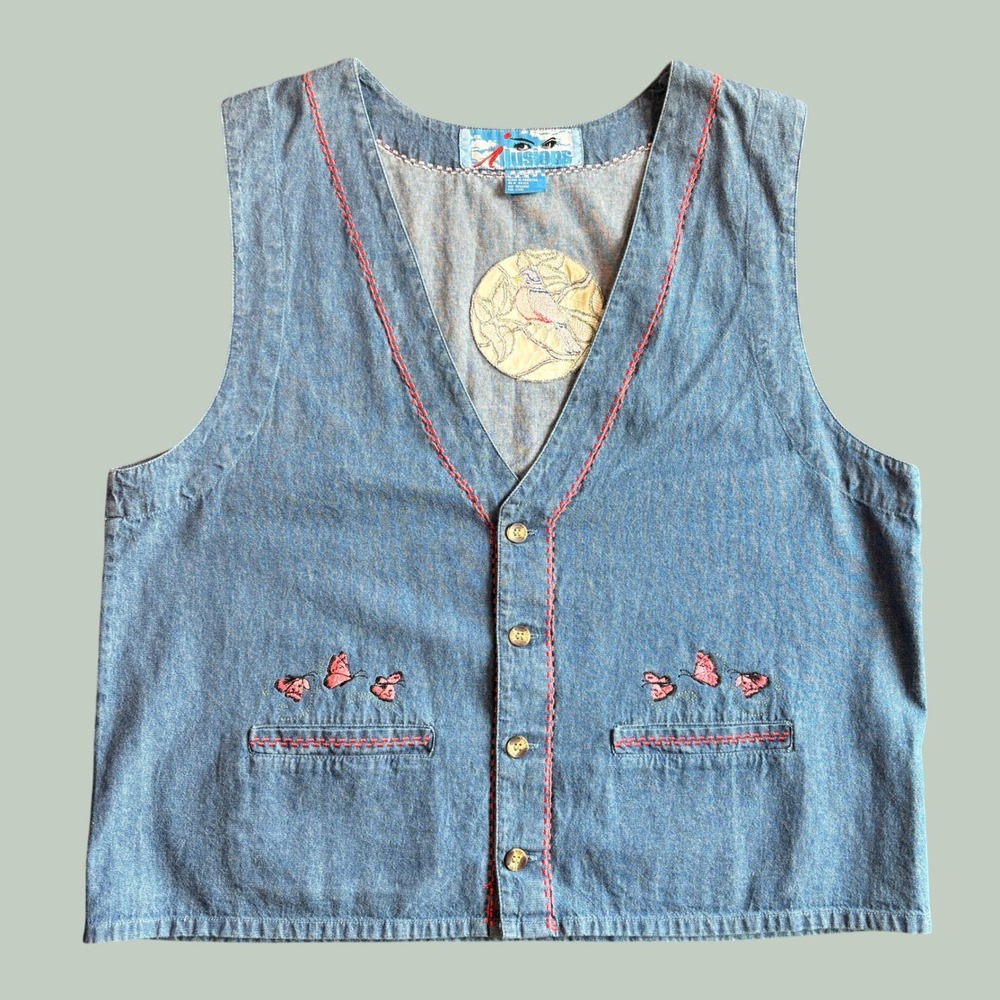 Vtg Illusions Denim Vest XL Blue Embroidered Butterfly Bird Novelty Hippie Boho